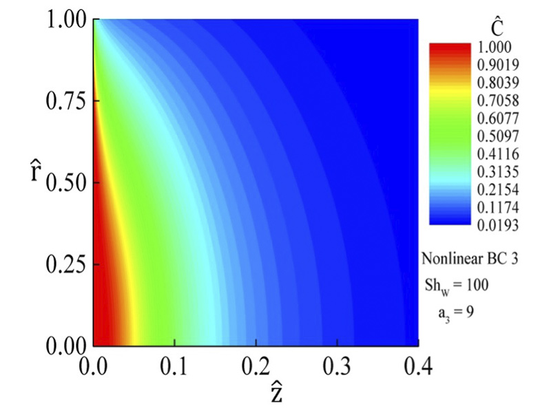 A single hollow fibre flow pattern with gaseous mixture flowing in the lumen-side and counter-current mode of operation depicting the corresponding boundary conditions